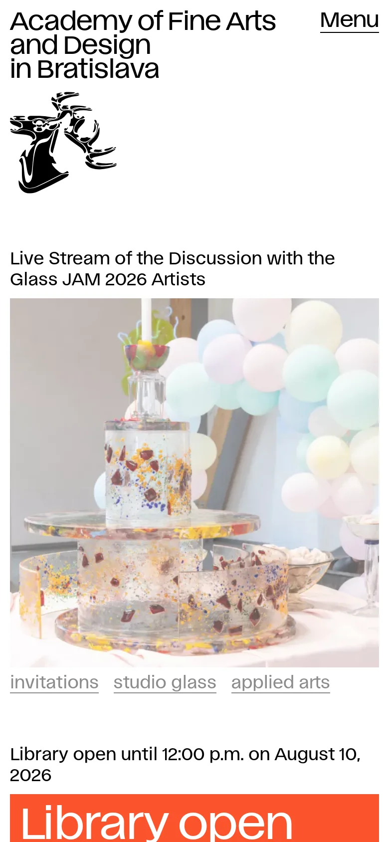 The mobile version presents a simplified vertical layout with the Academy's large black text logo and animal icon at the top. A hamburger menu is available in the top right, followed by a single-column stack of news items, starting with a large image of glass art and text regarding a live stream discussion.