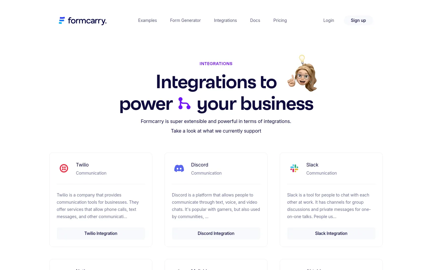 The desktop page features a clean white layout with a navigation bar at the top. A large hero section displays the headline 'Integrations to power your business' next to a 3D illustration of a woman holding a lightbulb, followed by a grid of integration cards for services like Twilio, Discord, and Slack.