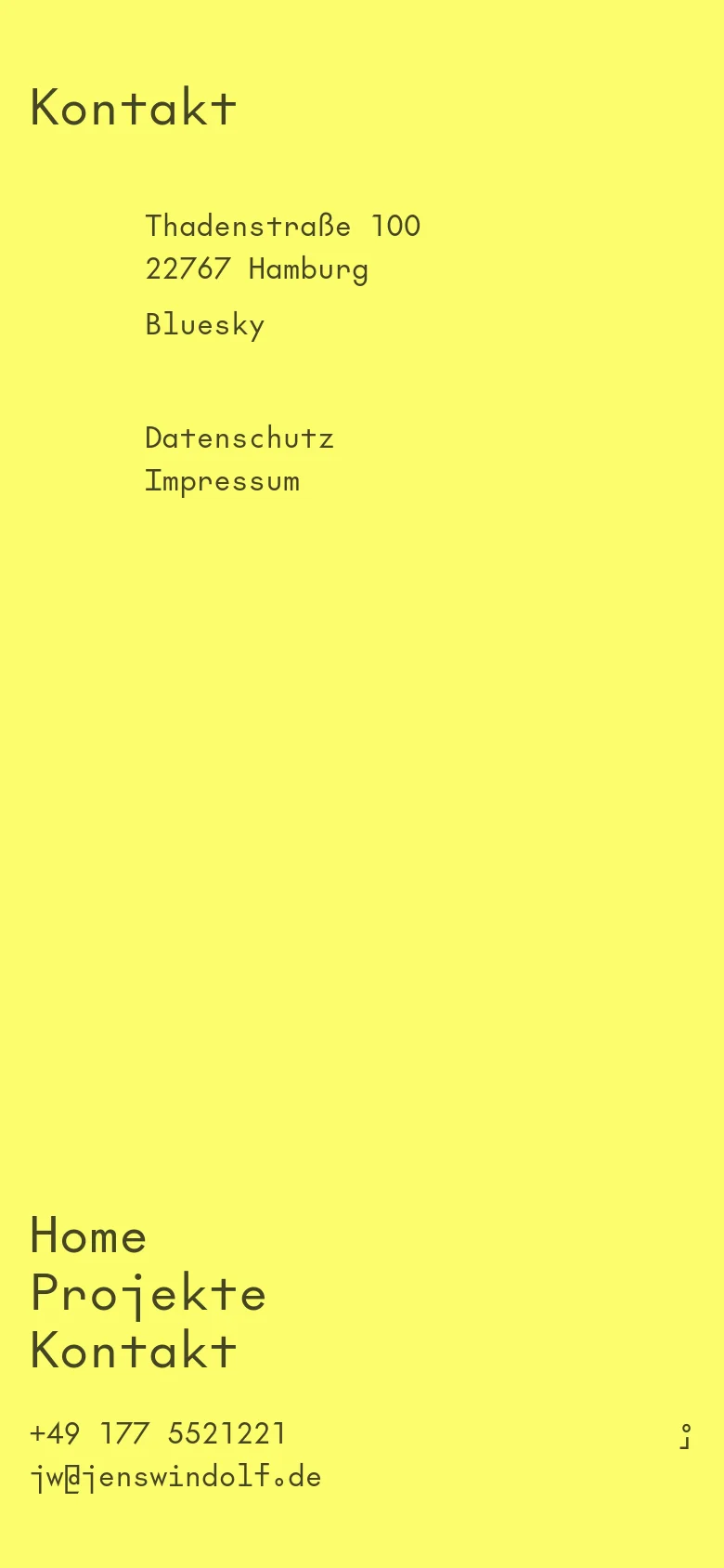 The mobile version maintains the lime-yellow background and black monospace typography but uses a more compact, vertically stacked layout. The 'Kontakt' headline and contact information are centered or left-aligned with reduced spacing, and the navigation menu is positioned at the bottom for easy thumb access.