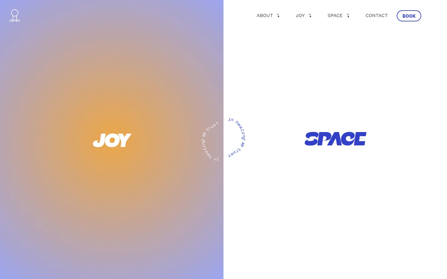 The desktop homepage features a split-screen design with a soft orange and lavender gradient on the left containing the word 'JOY' in bold white text. The right side is solid white with the word 'SPACE' in bold blue text, and a navigation menu at the top includes links for About, Joy, Space, and Contact, alongside a 'BOOK' button.