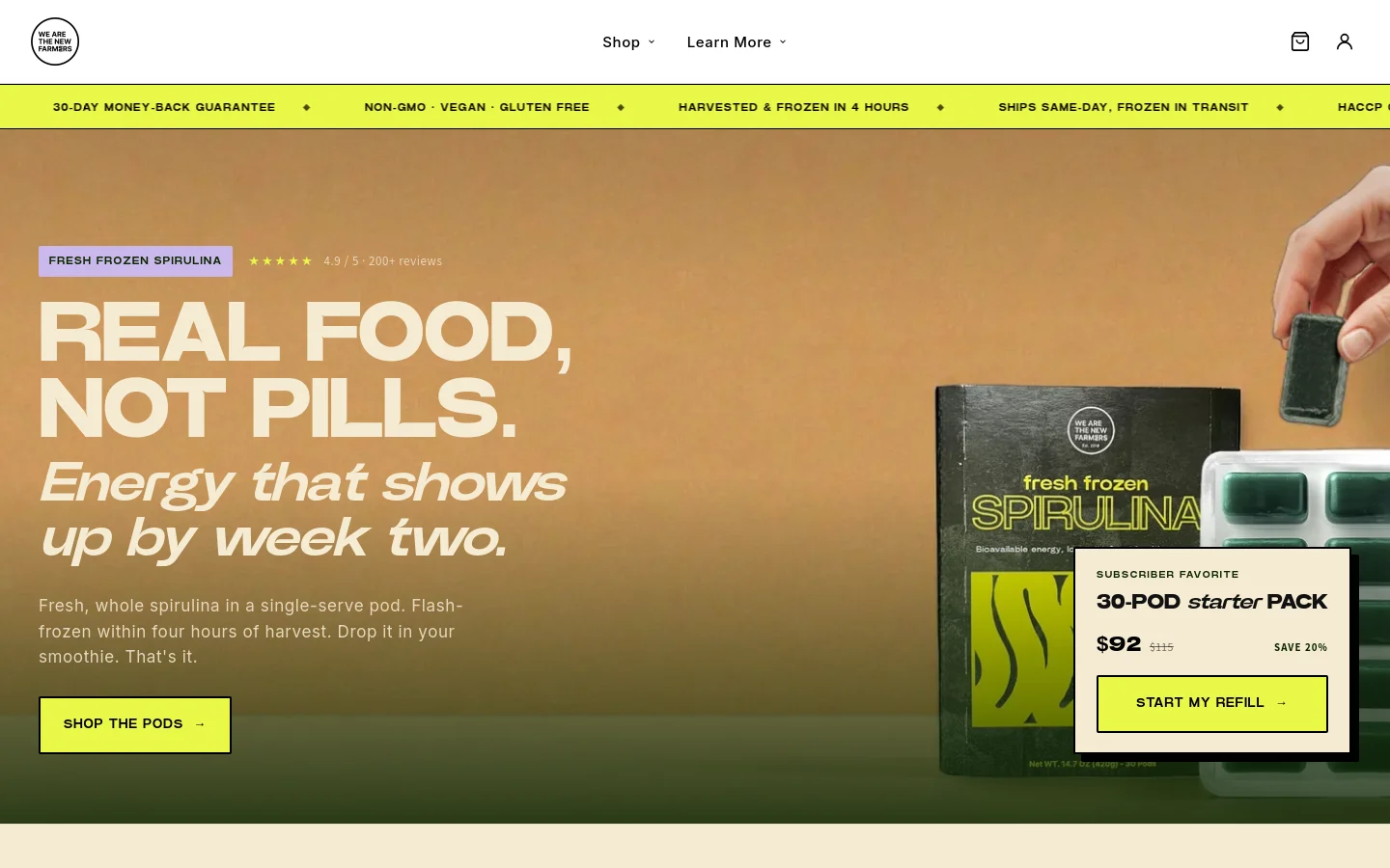 The desktop homepage features a warm, earthy brown hero section with large white typography reading 'REAL FOOD, NOT PILLS.' A hand holds a frozen spirulina pod next to a product box, with a 'Shop the pods' button and a '30-pod starter pack' call-to-action box overlaying the bottom right. A thin yellow banner at the top lists product benefits like 'Non-GMO' and '30-day money-back guarantee.'