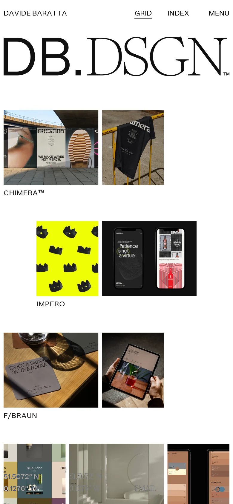 The mobile version maintains the minimalist aesthetic with the large 'DB.DSGN' logo at the top. The project grid shifts to a single-column vertical layout, stacking large images and project titles like CHIMERA and IMPERO for easier scrolling. Navigation links are condensed, and the footer displays geographic coordinates and an email link.