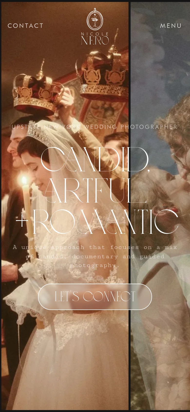 The mobile version presents a vertically stacked layout where the hero images are cropped into a single column. The central text, including the large 'CANDID, ARTFUL + ROMANTIC' headline and the 'LET'S CONNECT' button, remains centered over the imagery. The 'CONTACT' and 'MENU' links are positioned at the top of the screen.
