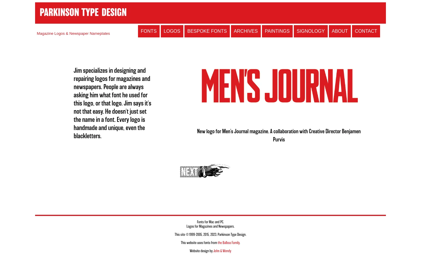 The desktop page features a red header with the Parkinson Type Design logo and a navigation menu. Below, a two-column layout displays a text block on the left and a large red 'Men's Journal' logo on the right, followed by a caption and a 'Next' arrow graphic. The design uses a clean white background with red accents.