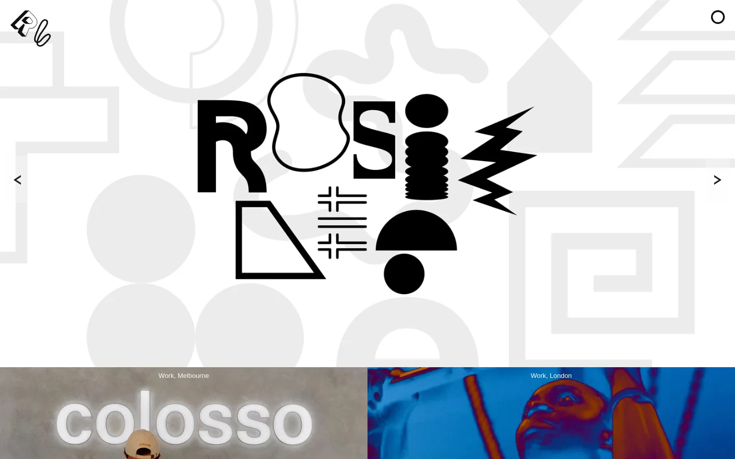 The desktop homepage features a large, stylized black graphic logo on a white background with light gray abstract shapes. Below the hero section, a grid of large, full-width project images showcases work like 'Colosso' and 'Melbourne Brighton Padel Club' with text overlays and 'view' links.