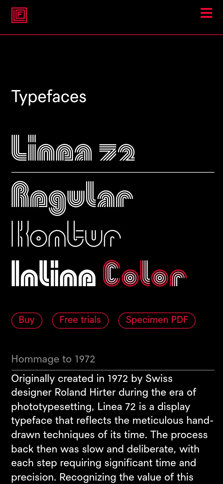 The mobile version uses a single-column vertical layout on a black background. The font previews and red action buttons are stacked vertically above the descriptive text, and the top navigation menu is condensed into a red hamburger icon.