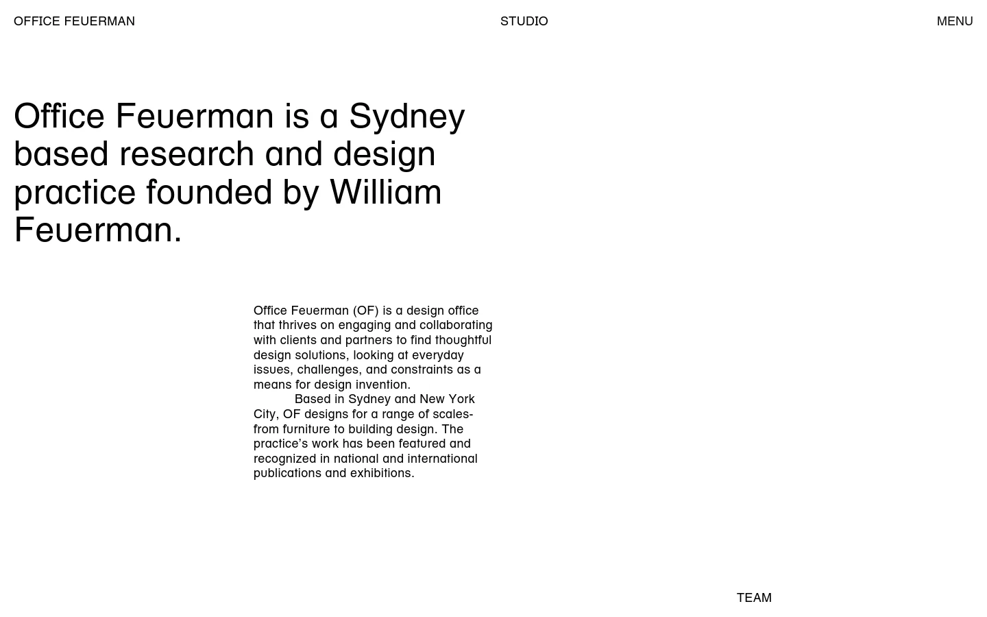 The desktop Studio page features a minimalist white layout with black sans-serif typography. A large headline introduces the practice, followed by a two-column text block where the right side contains a detailed description of the design office. The navigation bar at the top includes 'OFFICE FEUERMAN', 'STUDIO', and 'MENU'.