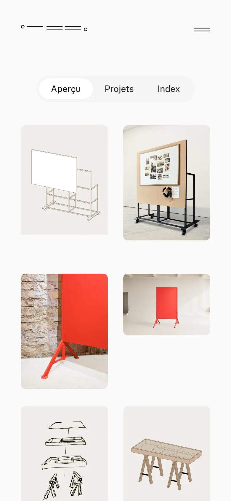 The mobile version presents a simplified, vertically stacked layout optimized for smaller screens. The navigation is condensed into a hamburger menu icon, and the project grid shifts from multiple columns to a single-column view for easier scrolling through the large imagery.