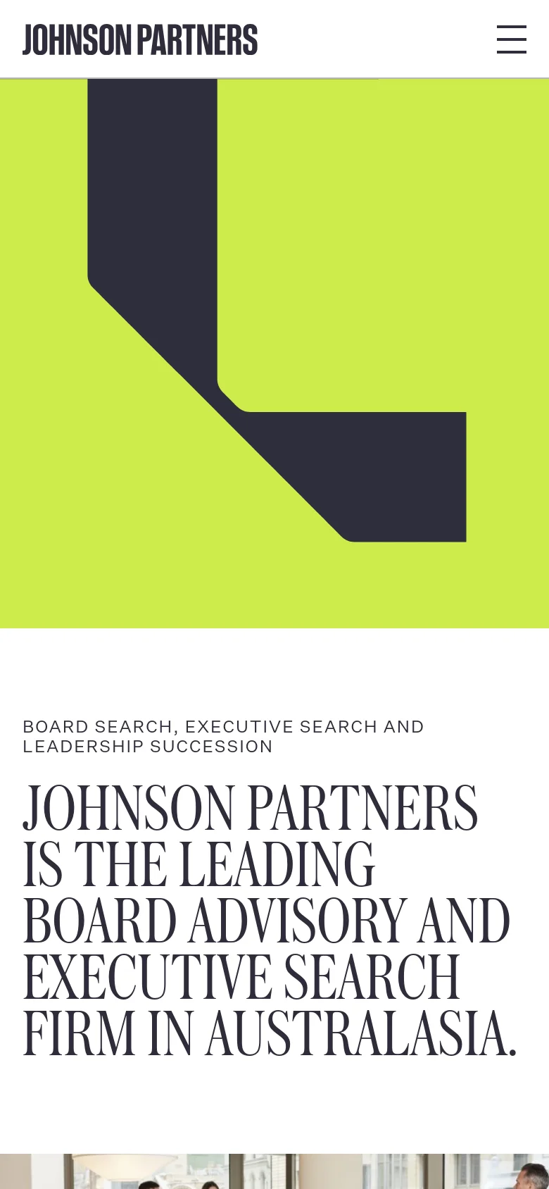 The mobile version uses a stacked layout where the large lime green and charcoal geometric graphic appears at the top of the screen. Below the graphic, the main headline is displayed in a large serif font against a white background. The navigation is condensed into a hamburger menu icon in the top right corner next to the logo.