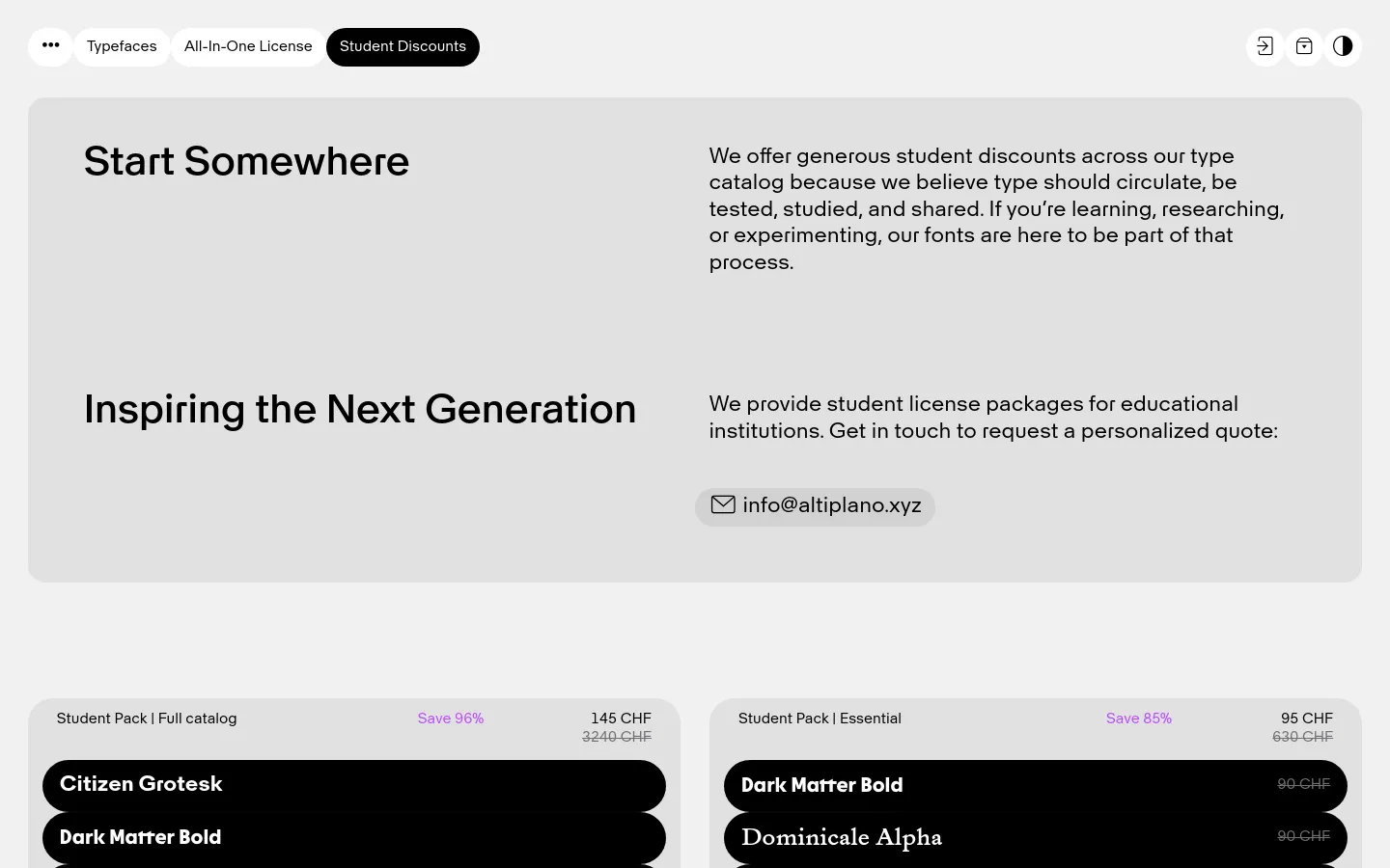 The desktop page features a minimalist design with a light gray hero section containing two columns of text and headings. Below, two pricing cards for 'Student Pack' options are displayed side-by-side, showing discount percentages, prices in CHF, and lists of included typefaces in black pill-shaped containers.