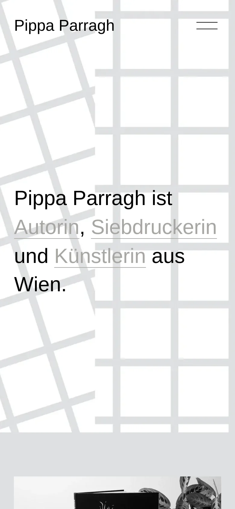 The mobile version maintains the light gray grid background and central headline but uses a condensed layout. The top navigation is replaced by a hamburger menu icon on the right, and the text is centered to fit the narrower screen width.