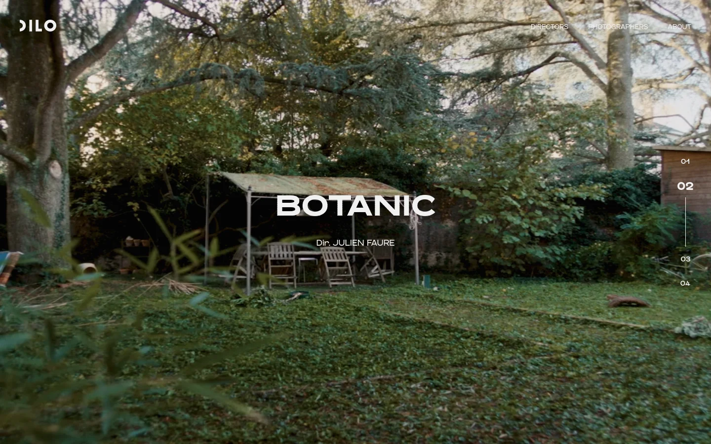 The desktop homepage features a large, cinematic hero image of a lush garden with a wooden table under a canopy. The Dilo logo is in the top left, with navigation links for Directors, Photographers, and About on the top right. Centered text displays 'BOTANIC' and 'Dir. JULIEN FAURE', while a vertical numbered list from 01 to 04 sits on the right edge.