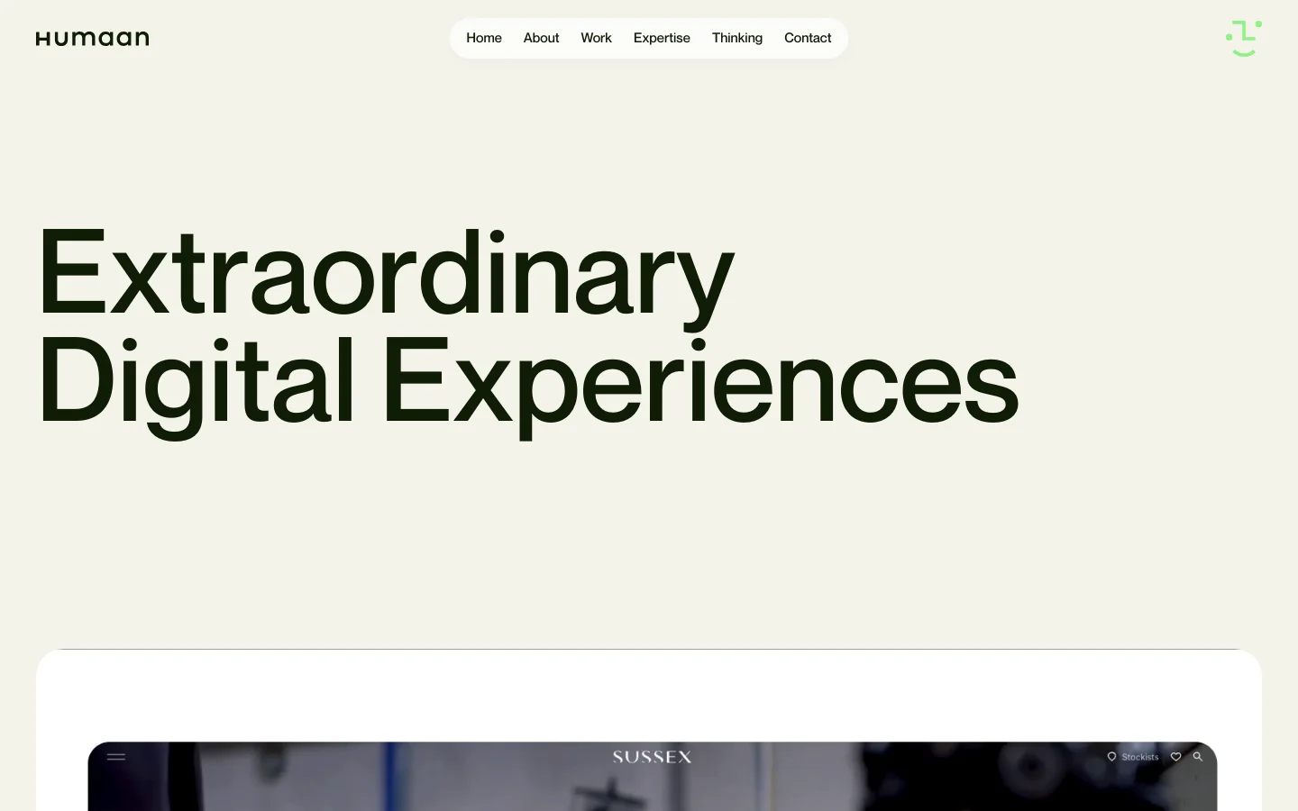 The desktop homepage features a minimalist cream background with a large, bold headline reading 'Extraordinary Digital Experiences'. A navigation bar at the top contains links for Home, About, Work, Expertise, Thinking, and Contact, alongside a green abstract logo. Below the hero text, a video placeholder with a 'See Showreel' button is visible, followed by a grid of project cards showcasing various digital works.