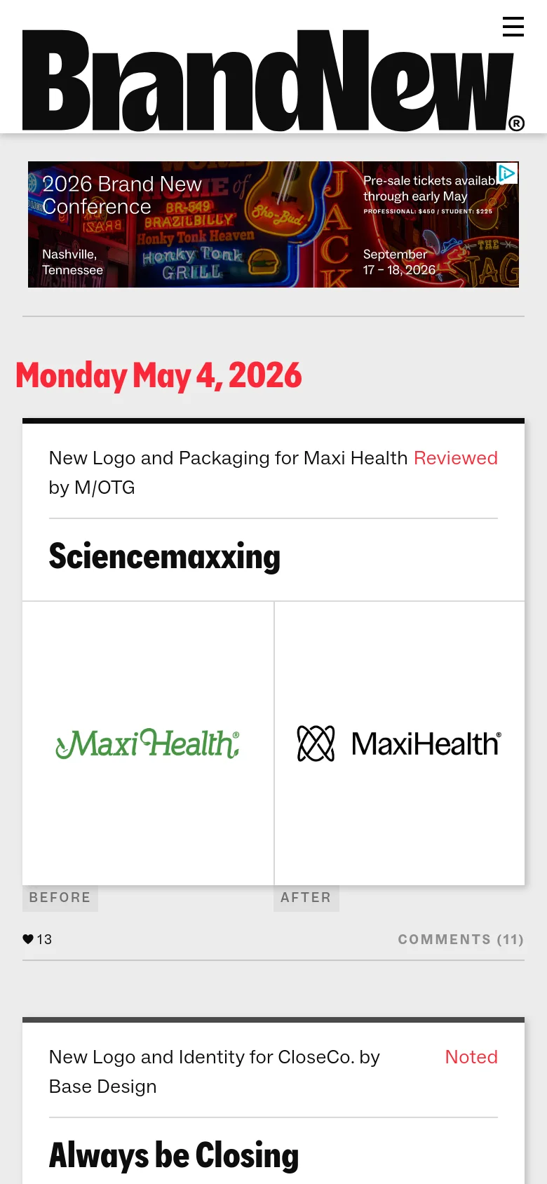 The mobile version presents a vertically stacked single-column layout optimized for scrolling. The hero banner and article entries, such as the 'Sciencemaxxing' critique, are scaled to fit the narrow width, and the top navigation is condensed into a hamburger menu icon to save space.