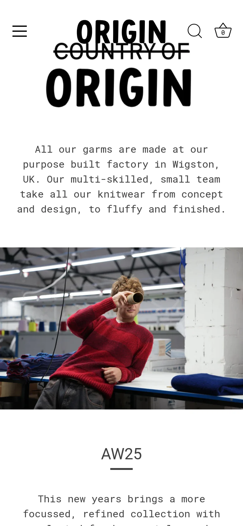 The mobile version maintains the minimalist white and black aesthetic but uses a stacked layout. The logo and factory description appear at the top, followed by the large workshop hero image which spans the full width of the screen, with the 'AW25' heading and text placed below the image.