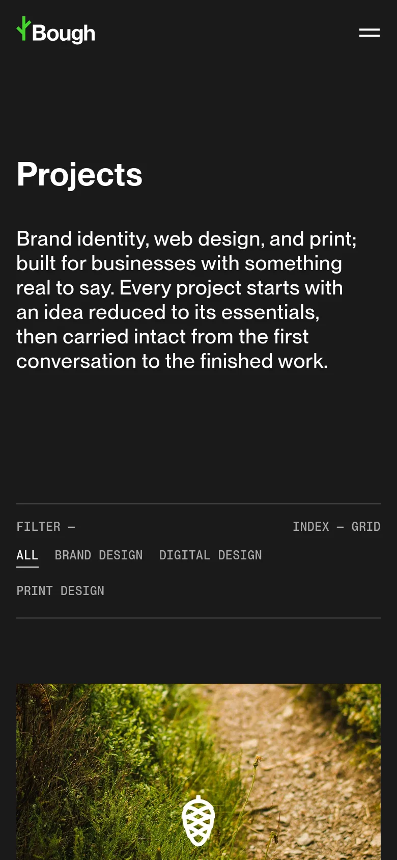 The mobile version maintains the dark theme and large typography but uses a stacked layout. The navigation is condensed into a hamburger menu, and the project filter options are displayed in a vertical list above the content grid.