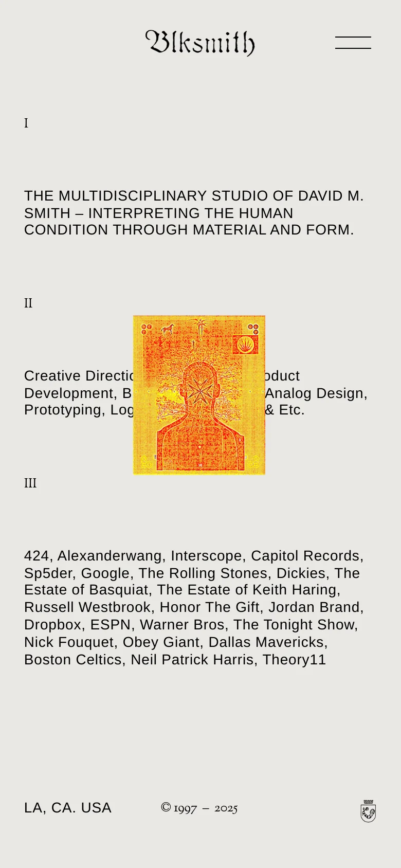 The mobile version uses a single-column vertical layout with a simplified header containing a hamburger menu. The content is stacked, featuring the studio name, a mission statement, a central colorful graphic of a human silhouette, and a text-heavy list of services and clients.