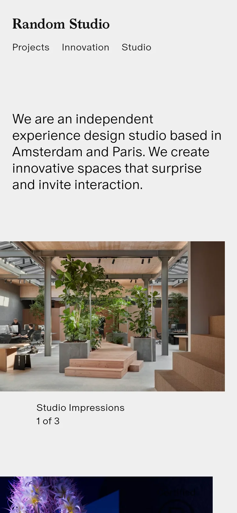 The mobile version maintains the minimalist aesthetic and light gray color scheme but uses a stacked layout. The studio's mission statement appears at the top, followed by the large interior photograph, with the 'Studio Impressions' caption and image counter placed directly below the image.
