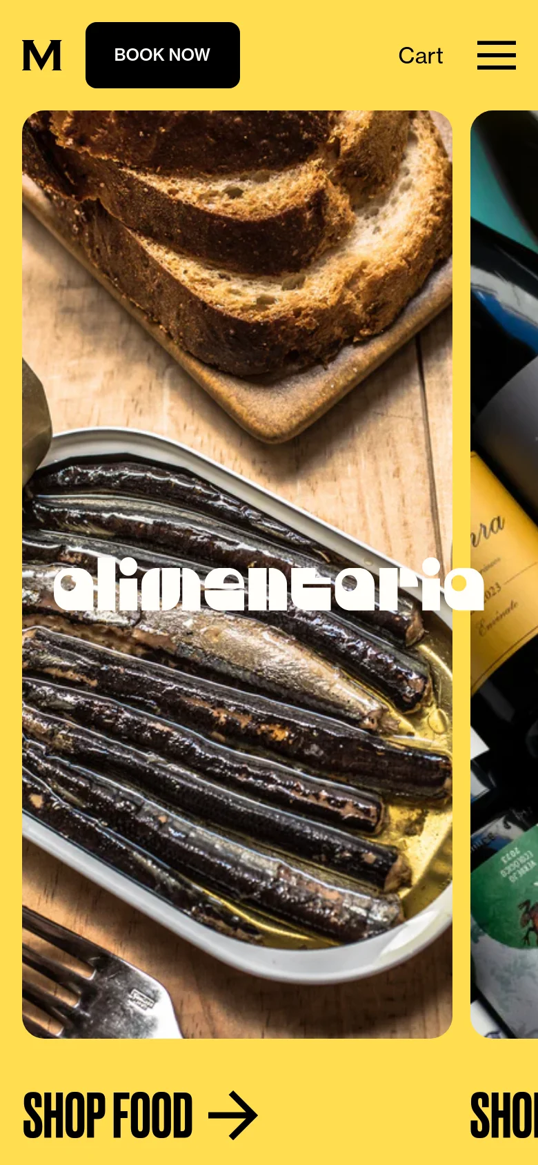 The mobile version uses a simplified yellow header with a hamburger menu and a 'BOOK NOW' button. The large imagery is stacked vertically instead of side-by-side, with the 'SHOP FOOD' section prominently displayed at the top.