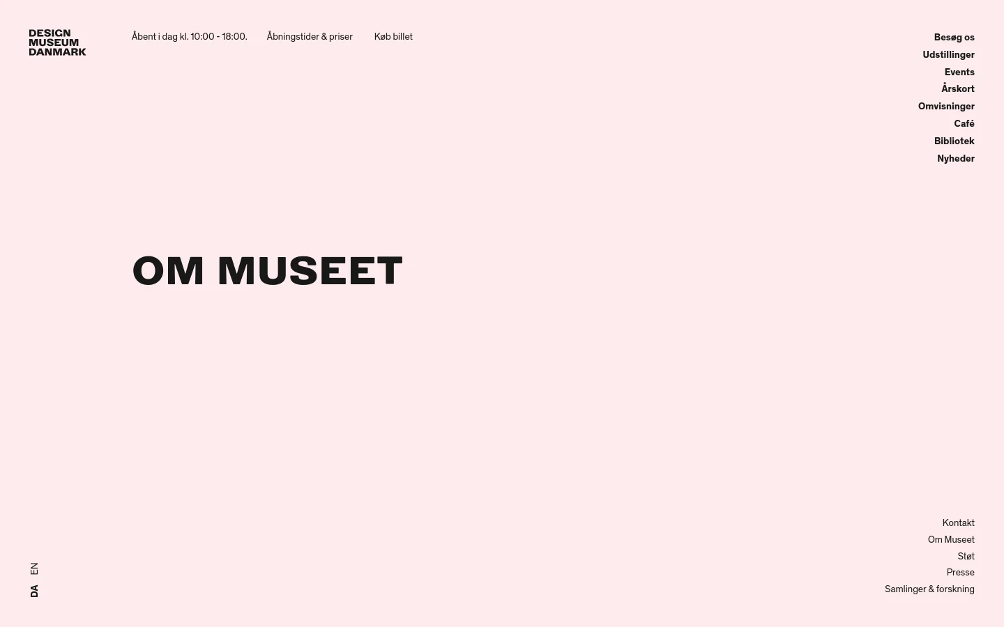 The desktop page features a minimalist design with a light pink background and large, bold black typography reading 'OM MUSEET'. The navigation includes links for exhibitions, café, and news at the top right, while contact information and social media links are positioned at the bottom.