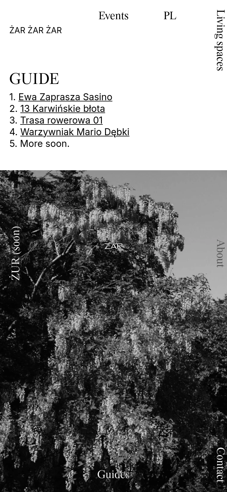 The mobile version presents a single-column layout where the 'GUIDE' headline and numbered list are stacked vertically above the large black-and-white wisteria image. The navigation links are repositioned to fit the narrower screen, maintaining the minimalist aesthetic and high contrast.