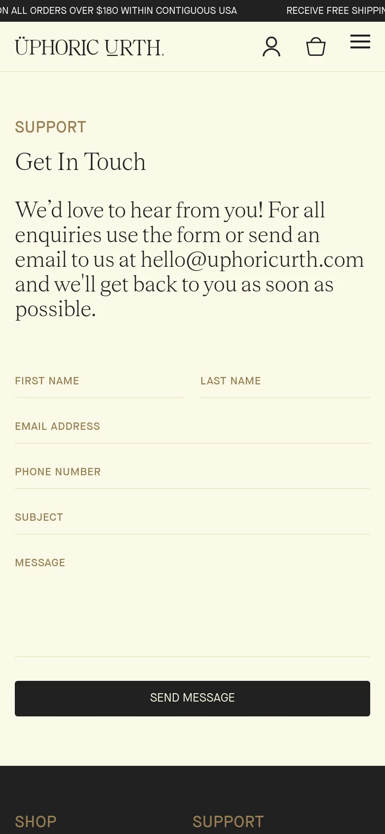 The mobile version uses a single-column stacked layout on a cream background. The 'Get In Touch' heading and introductory text appear at the top, followed by the contact form fields and a full-width black 'SEND MESSAGE' button, with a hamburger menu icon in the header.