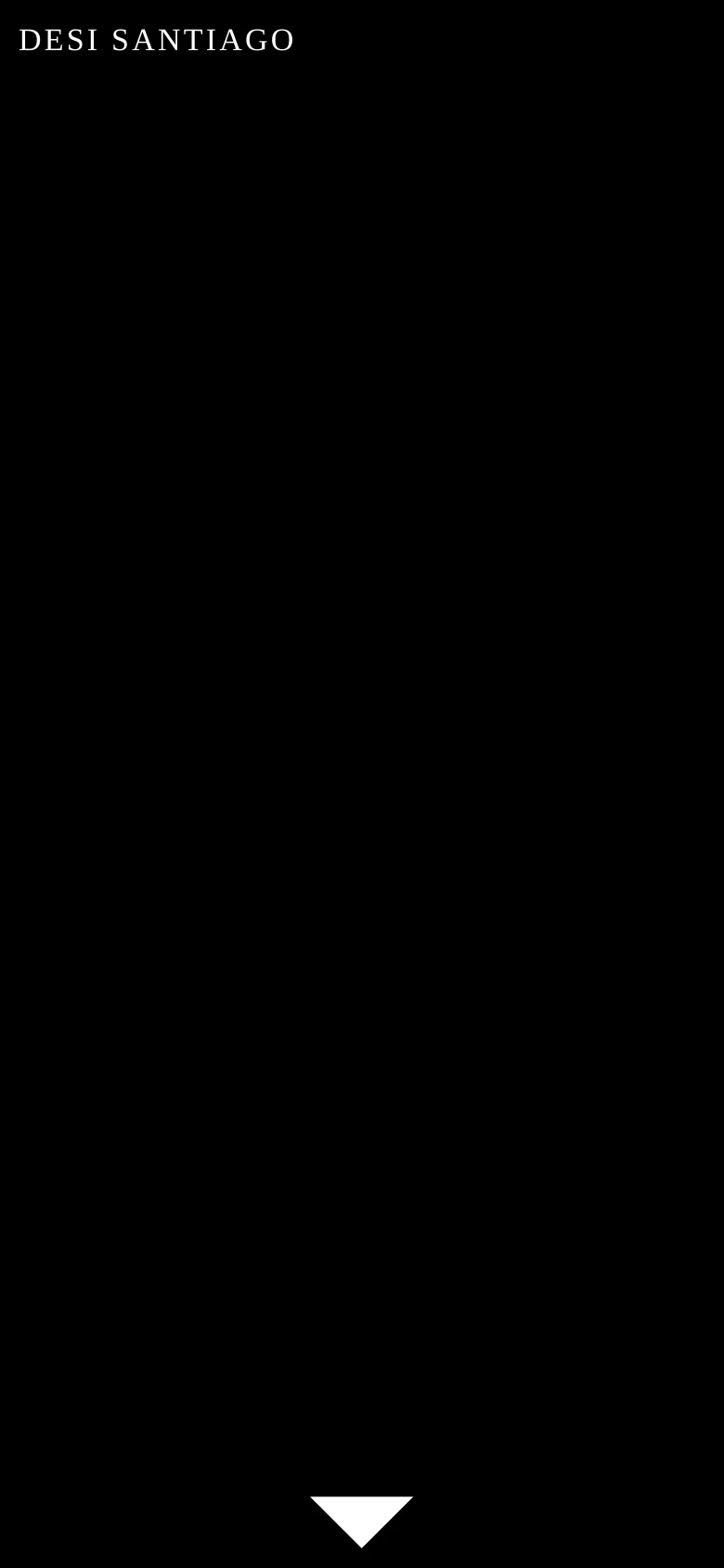 The mobile version maintains the same minimalist aesthetic with the 'DESI SANTIAGO' header and a large, atmospheric hero image. The layout is vertically oriented to fit the narrow screen, focusing on the person in the neon-lit environment with a central navigation arrow at the bottom.