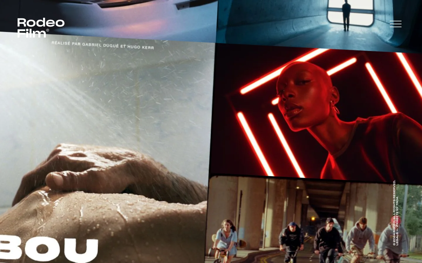 The desktop homepage features a cinematic, multi-panel grid layout showcasing high-quality film stills in various colors and moods. The Rodeo Film logo is in the top left, a hamburger menu icon is in the top right, and large, immersive imagery dominates the screen with minimal text overlays.
