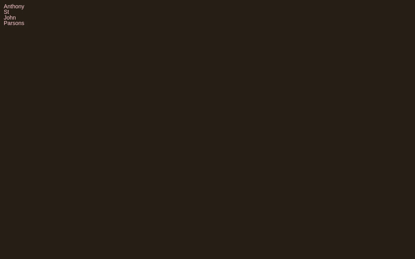 The desktop homepage features a minimalist dark brown background with the name 'Anthony St John Parsons' in a serif font in the top left. A large, high-quality photograph of a modern sandstone residential building with lush greenery and palm trees occupies the center, followed by a second architectural image below it. Navigation links for Info, Contact, and Instagram are located in the bottom right corner.