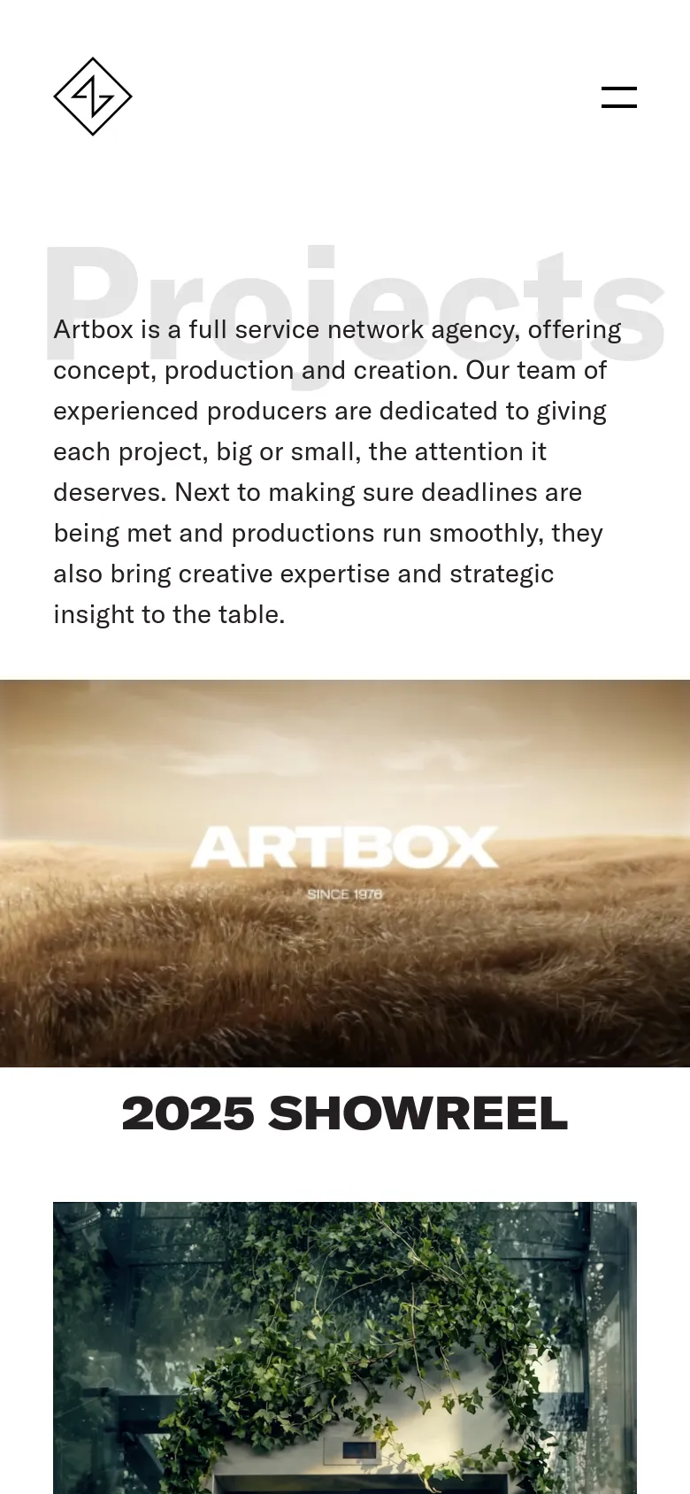 The mobile version maintains the white minimalist aesthetic but uses a hamburger menu icon for navigation instead of text links. The layout is vertically stacked, showing the agency description followed by the large '2025 Showreel' hero image and heading.