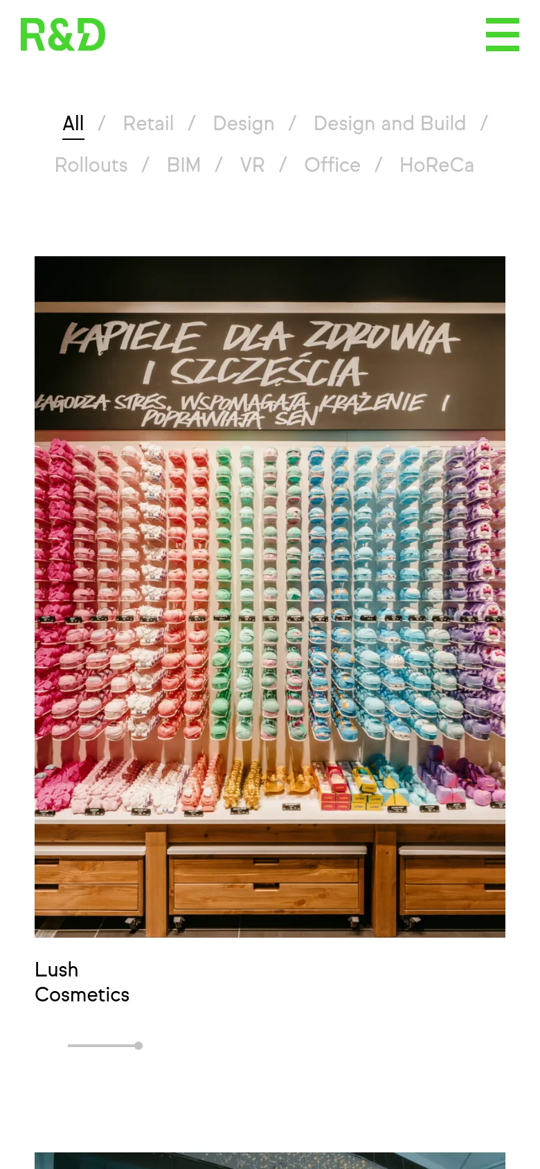 The mobile version simplifies the layout into a single-column vertical scroll, focusing on large, full-width project images. The top navigation is condensed into a hamburger menu, and the category filter is presented as a scrollable horizontal list. The dominant colors remain white and black, emphasizing the visual impact of the project photography.