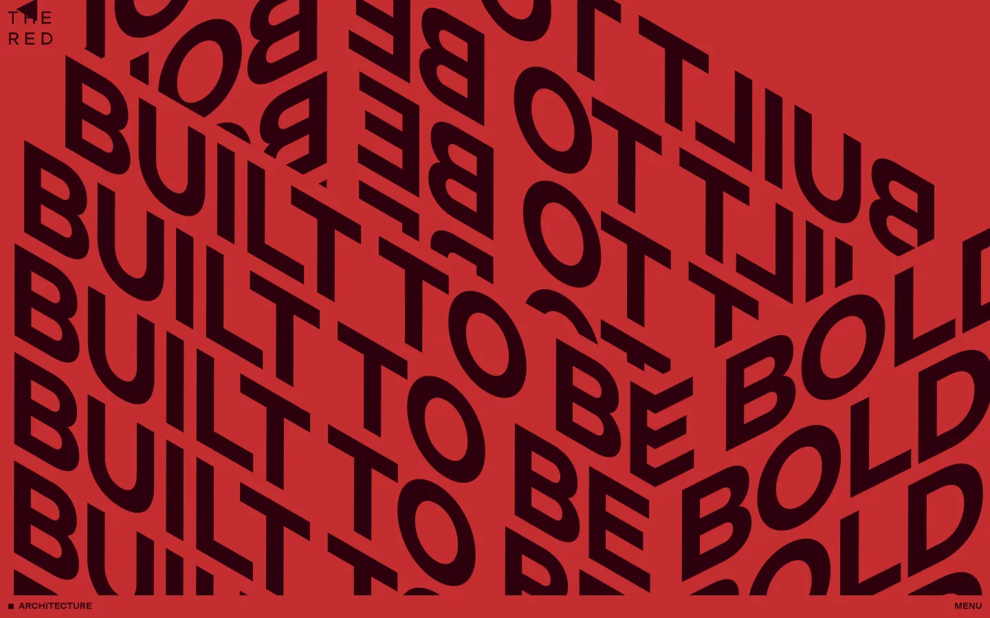 The desktop page features a bold, red background with the phrase 'BUILT TO BE BOLD' repeated in large, dark typography that creates a 3D perspective effect. The top left displays 'THE RED' logo, and the bottom navigation includes 'ARCHITECTURE' on the left and 'MENU' on the right.
