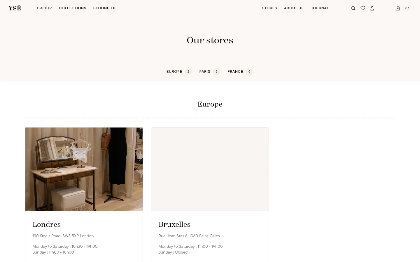 The desktop page features a minimalist design with a cream background and centered serif typography. A list of store locations by region is at the top, followed by a grid of store cards, each containing a large lifestyle image of the boutique interior, the city name, address, hours, and a call to action for fitting appointments.