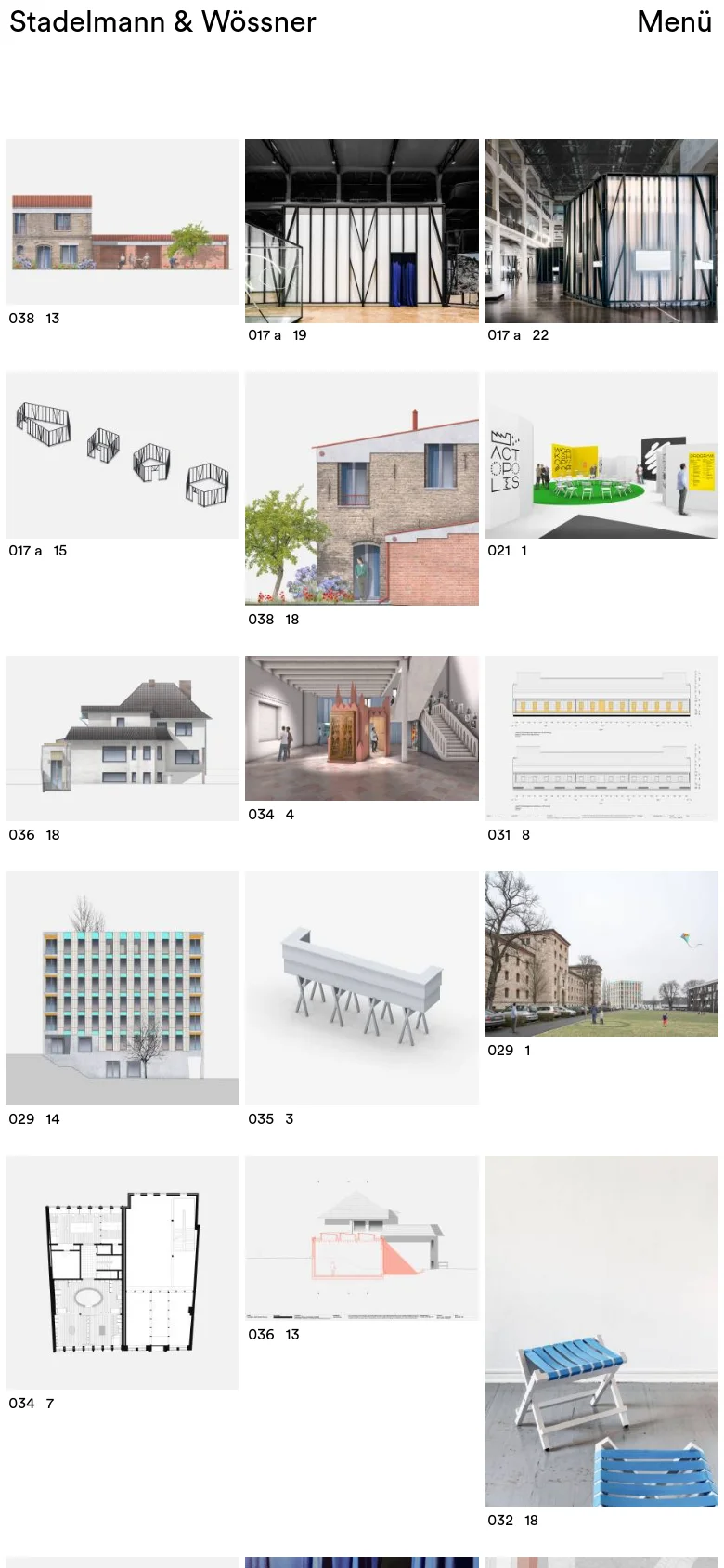 The mobile version presents a single-column vertical scroll of the architectural project grid, making the images larger and easier to view on a narrow screen. The header remains minimalist with the firm's name and a 'Menü' button, while the project images and text labels are stacked vertically.