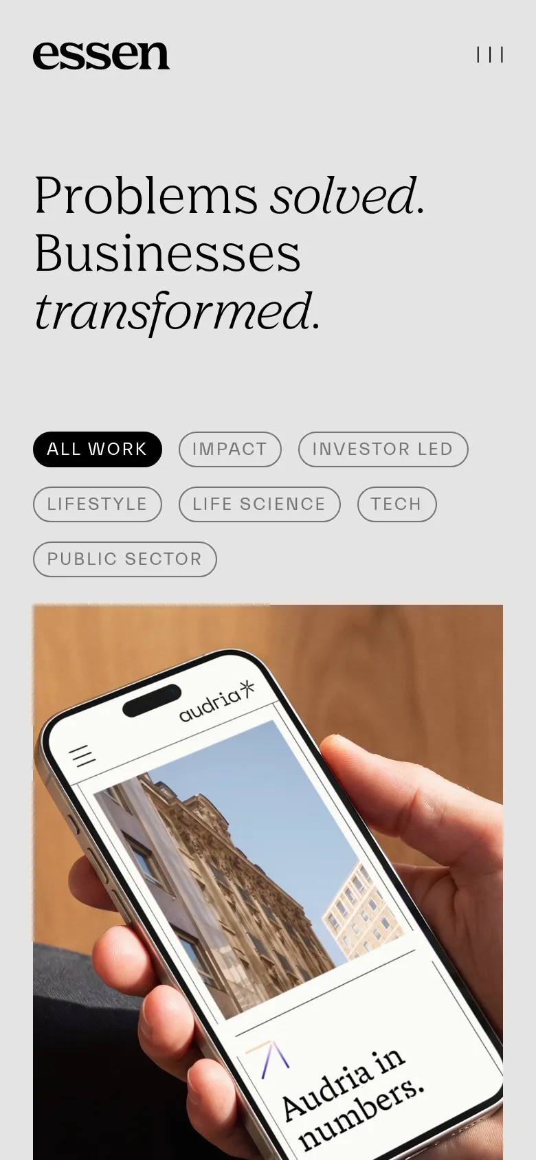 The mobile version displays a simplified layout with the Essen logo and a hamburger menu icon at the top. The large serif headline is stacked vertically, followed by a scrollable list of pill-shaped category filters and a single-column view of project images, such as a hand holding a smartphone.