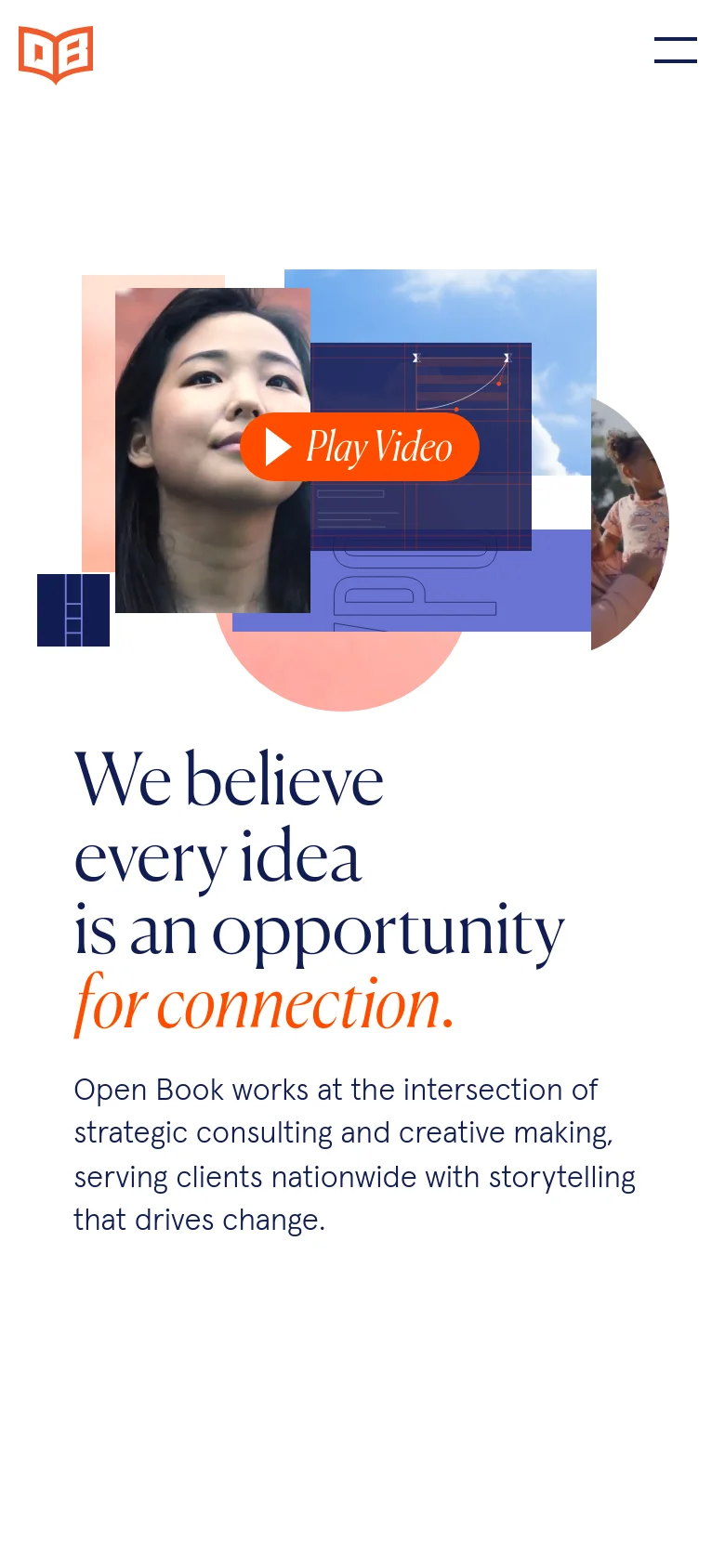 The mobile version presents a vertically stacked layout with the hero imagery and play button positioned above the main headline. The text is centered and scaled for smaller screens, maintaining the high-contrast black and orange typography against a white background.