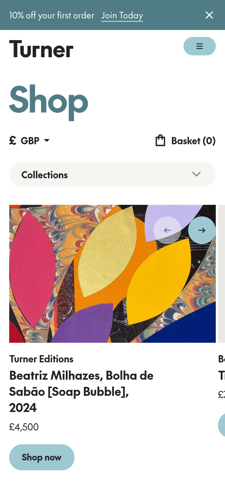 The mobile version presents a simplified layout with a hamburger menu and a large 'Shop' heading. A 'Collections' dropdown menu replaces the desktop navigation bar, and the product grid shifts to a single-column view, focusing on large product images and prominent 'Shop now' buttons.