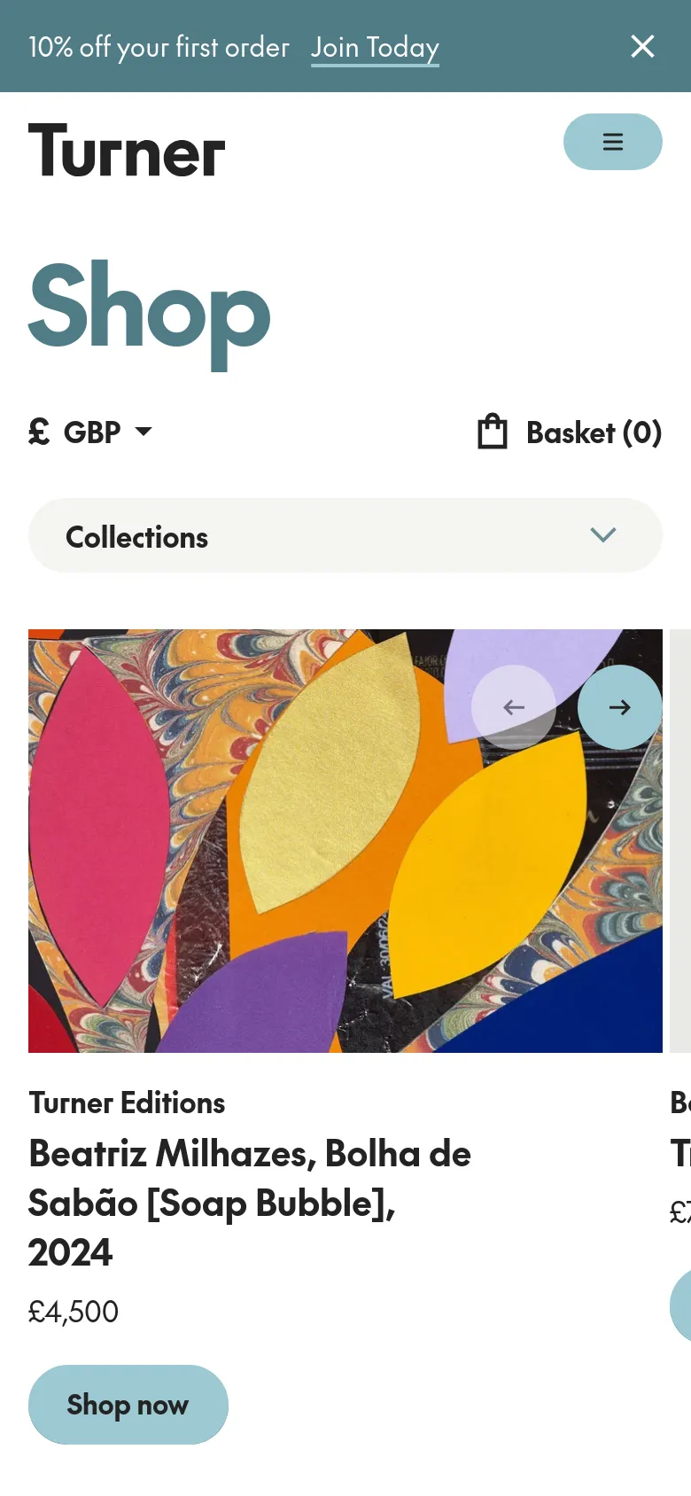 The mobile version presents a simplified layout with a hamburger menu and a large 'Shop' heading. A 'Collections' dropdown menu replaces the desktop navigation bar, and the product grid shifts to a single-column view, focusing on large product images and prominent 'Shop now' buttons.