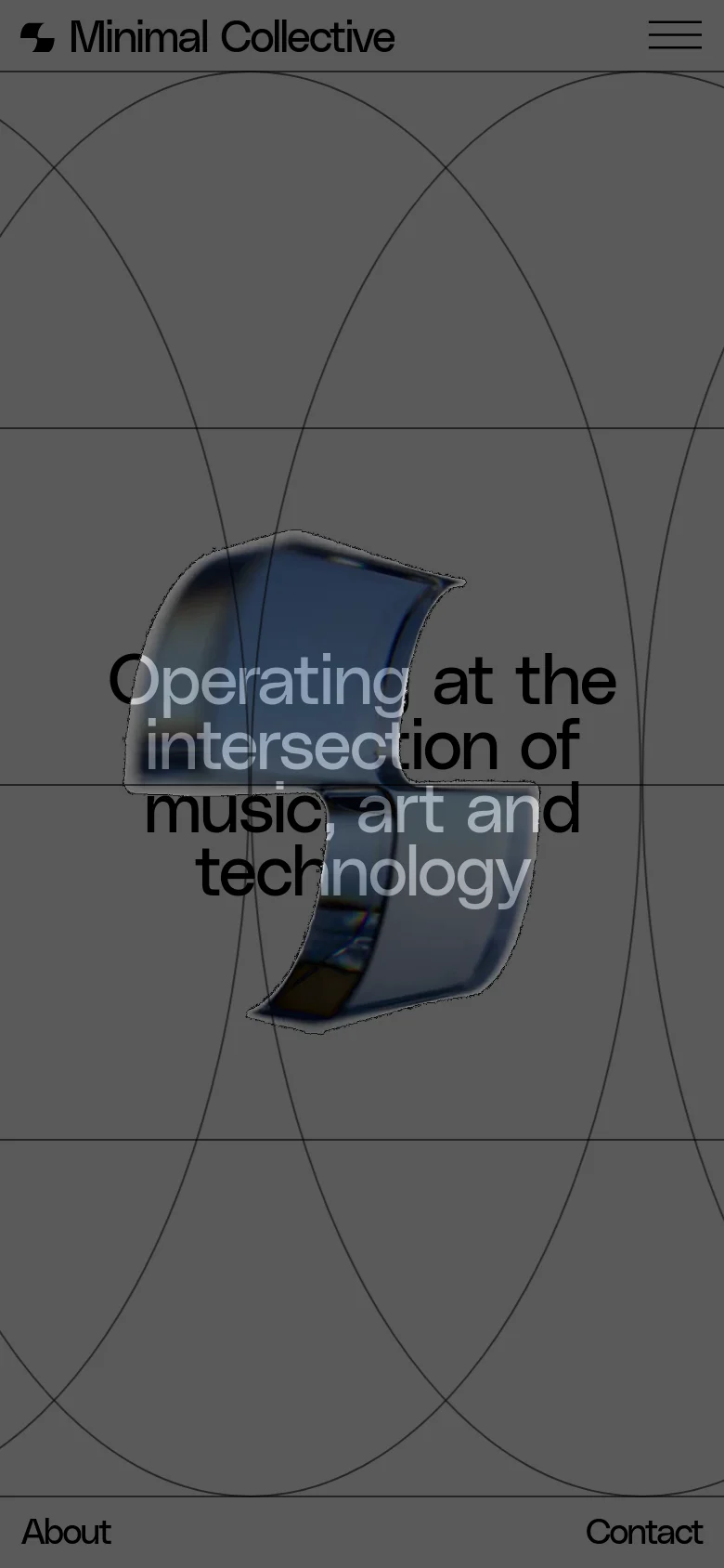 The mobile version maintains the minimalist gray aesthetic and geometric circle pattern but stacks the content vertically. The central headline is centered and occupies more vertical space, while the navigation menu is condensed into a hamburger icon at the top right.