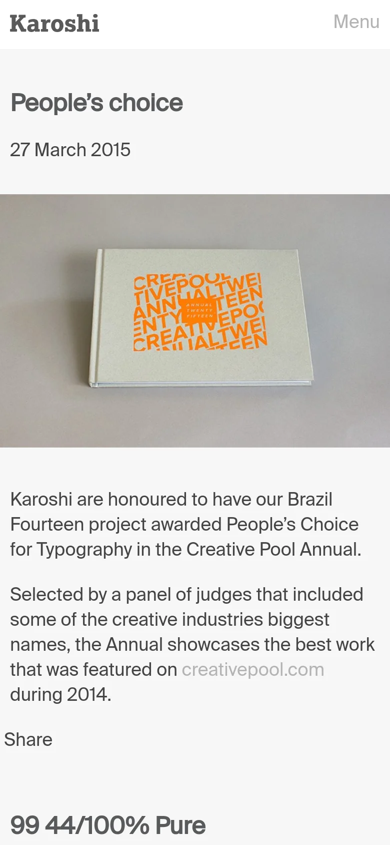 The mobile version uses a single-column vertical layout with a simplified 'Menu' navigation at the top. The headline, date, and large book photograph are stacked vertically, followed by the descriptive text and 'Share' link, maintaining the clean white and grey aesthetic.