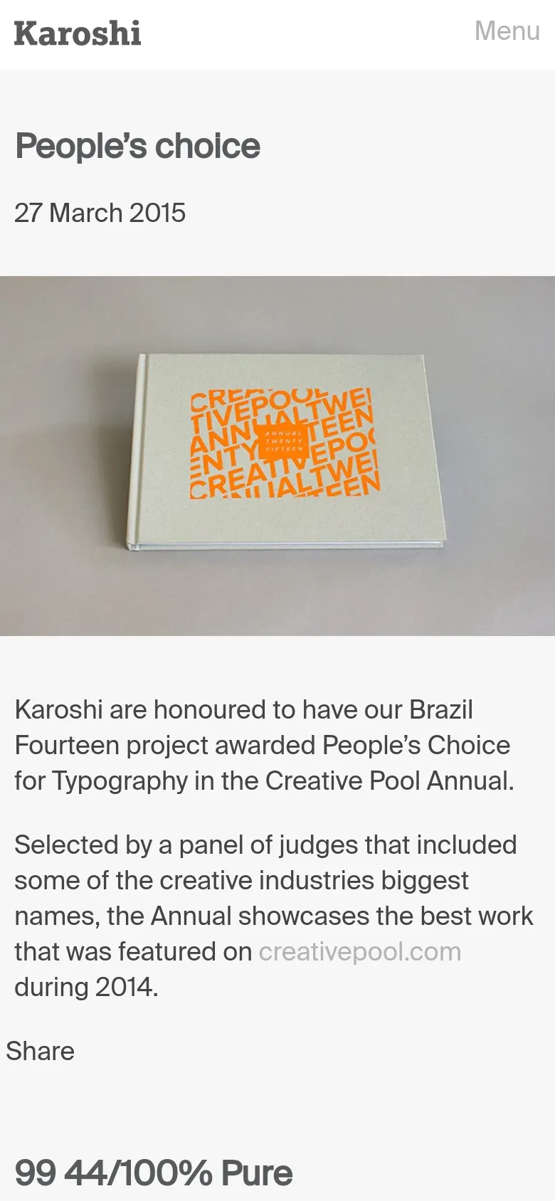 The mobile version uses a single-column vertical layout with a simplified 'Menu' navigation at the top. The headline, date, and large book photograph are stacked vertically, followed by the descriptive text and 'Share' link, maintaining the clean white and grey aesthetic.