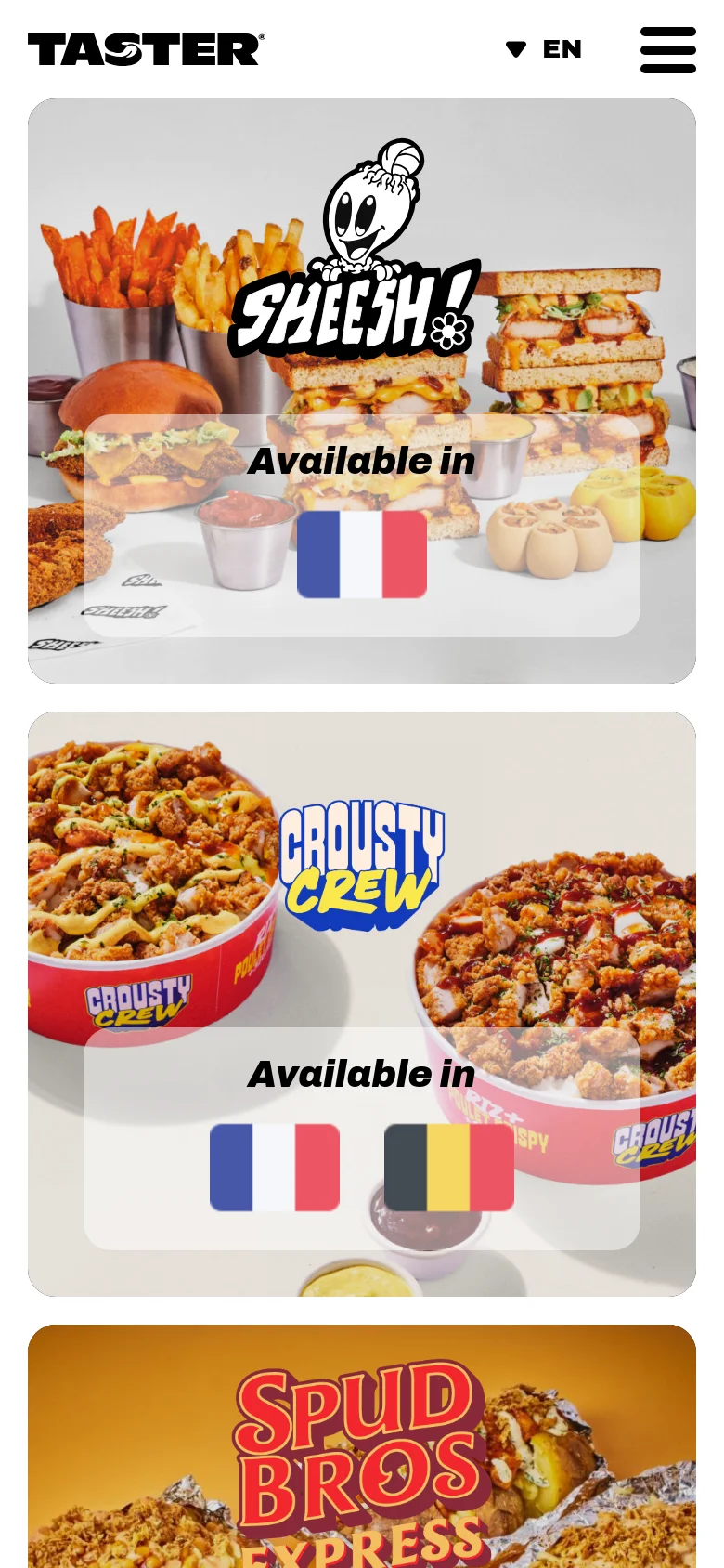 The mobile version presents the same brand cards in a vertical stack, optimized for scrolling. The hero images and brand logos are centered, and the navigation menu is condensed into a hamburger icon at the top right.