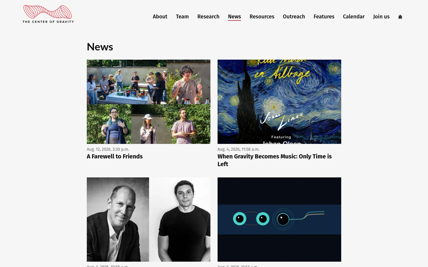 The News page features a clean white layout with a top navigation bar containing the logo and links like About, Team, and Research. A grid of news articles is displayed, each consisting of a large rectangular image, a date, and a bold headline. The articles shown include a group farewell photo, music cover art, and scientific illustrations.