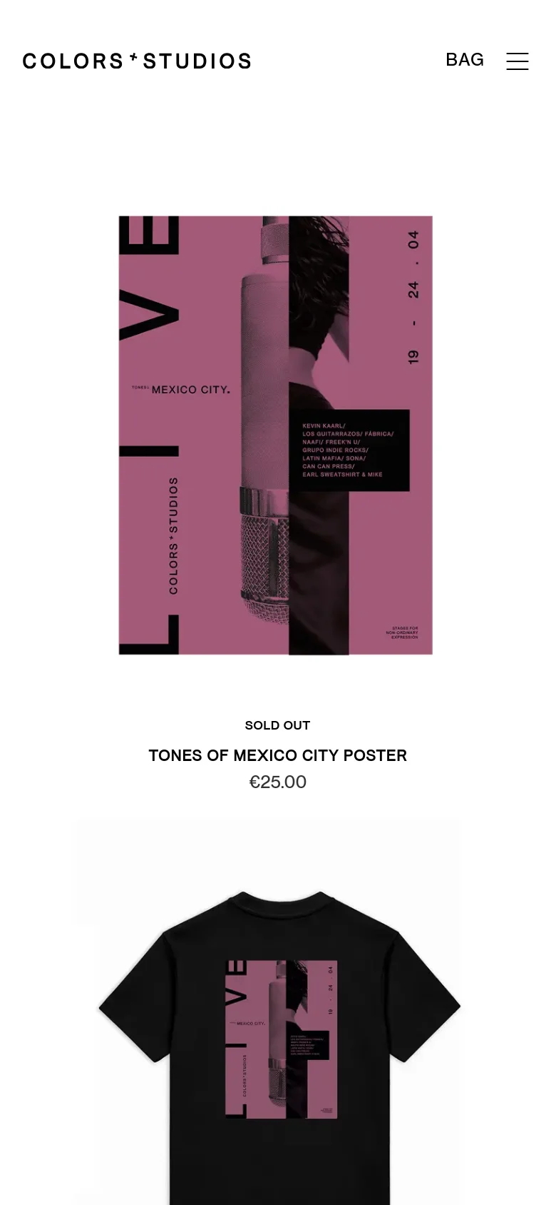 The mobile version presents a simplified view with a large 'COLORS * STUDIOS' header and a 'BAG' link next to a hamburger menu icon. The product grid shifts to a single-column vertical layout, prominently featuring large product images like the Mexico City poster followed by product details and pricing.