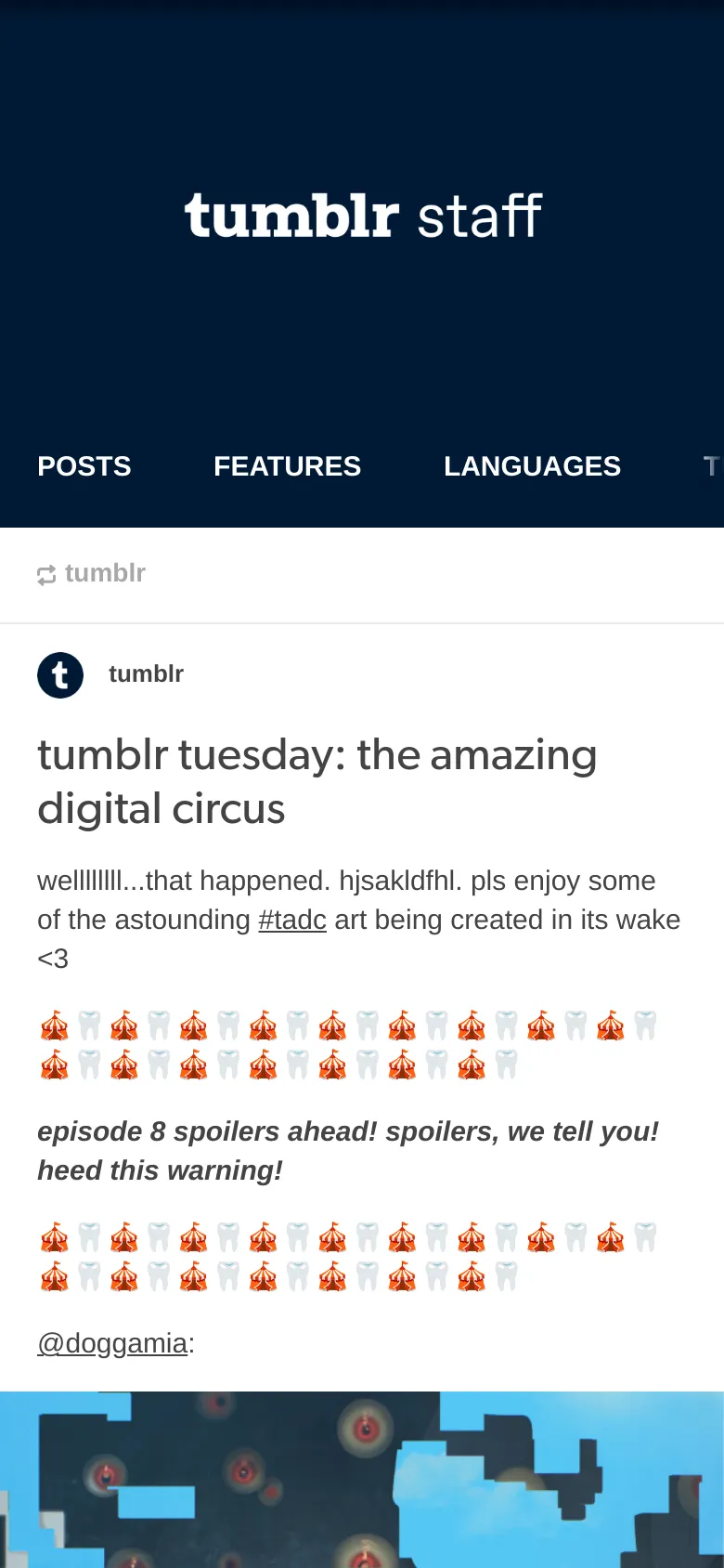 A mobile version of the Tumblr Staff page with a simplified vertical layout. The dark navy header features the 'tumblr staff' logo and a condensed navigation menu, followed by a single-column view of the white content card containing the 'tumblr tuesday' post and its associated text and imagery.