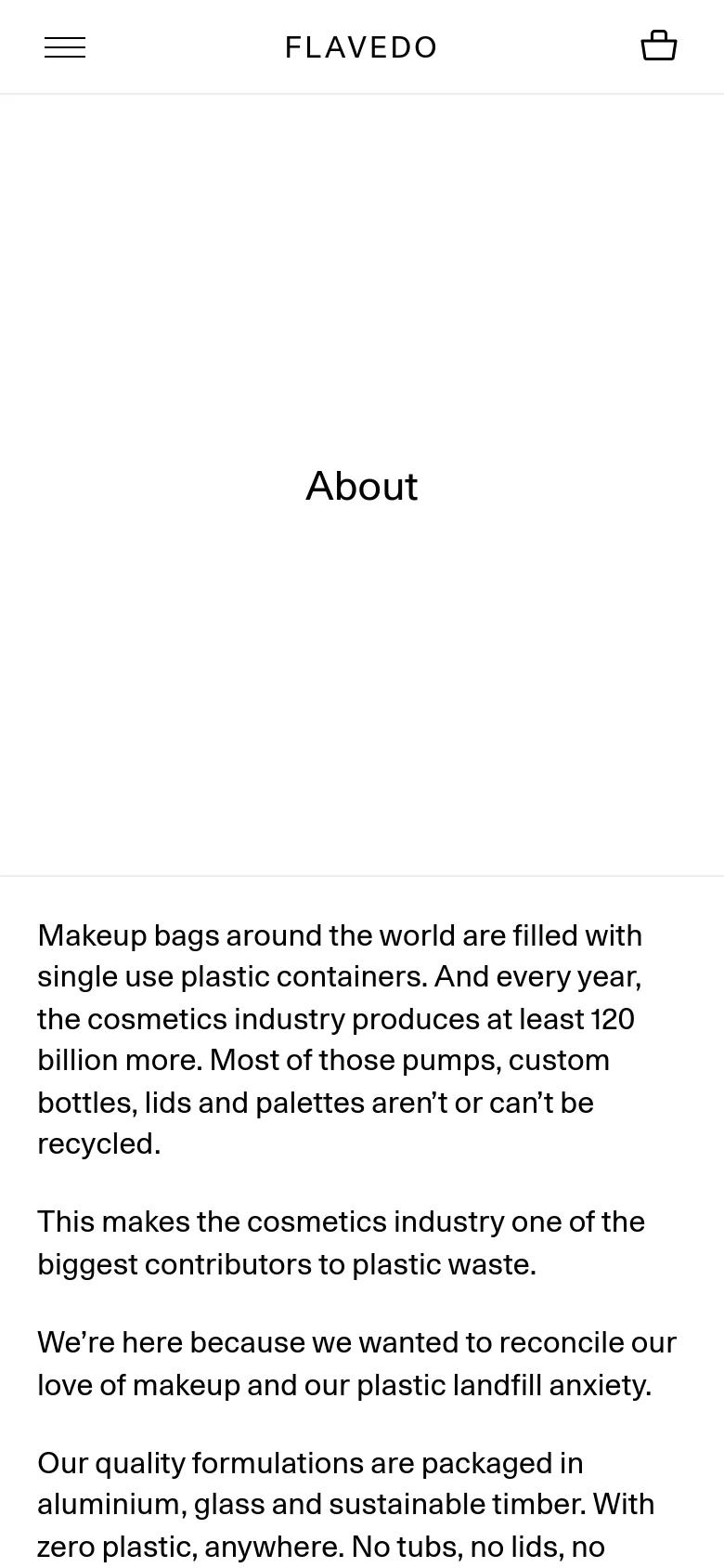 The mobile version presents a single-column vertical layout with the 'About' headline centered in a large white hero section. Below, the mission statement text is stacked vertically on a plain white background. The header is simplified with a hamburger menu icon on the left, the 'FLAVEDO' logo centered, and a shopping bag icon on the right.