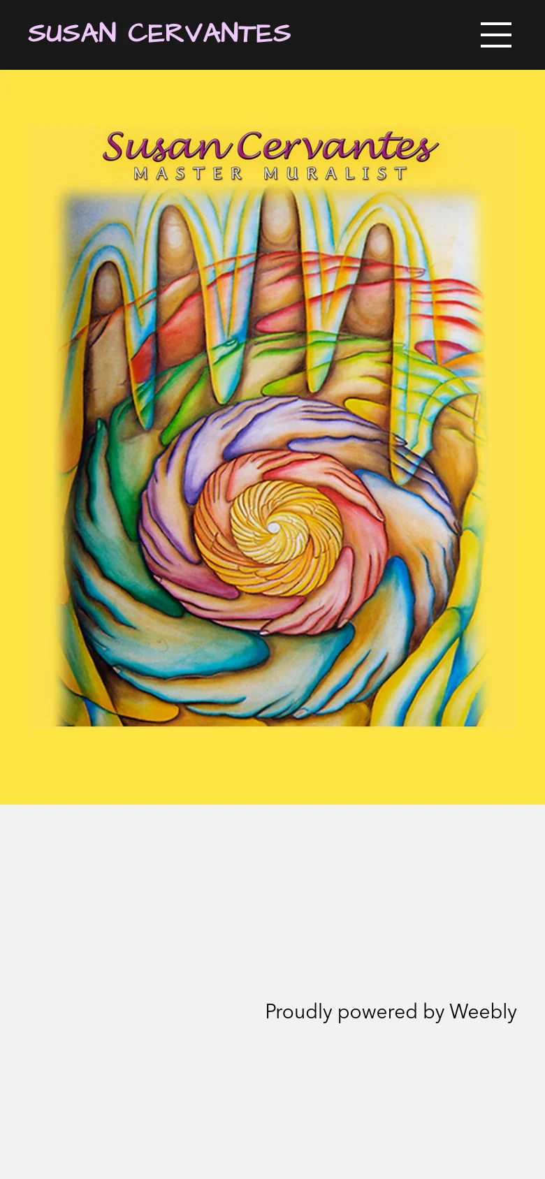 The mobile version shows a simplified black header with 'SUSAN CERVANTES' and a hamburger menu icon on the right. The main content features the same colorful abstract artwork and 'Susan Cervantes MASTER MURALIST' text centered on a bright yellow background, scaled to fit the vertical screen.