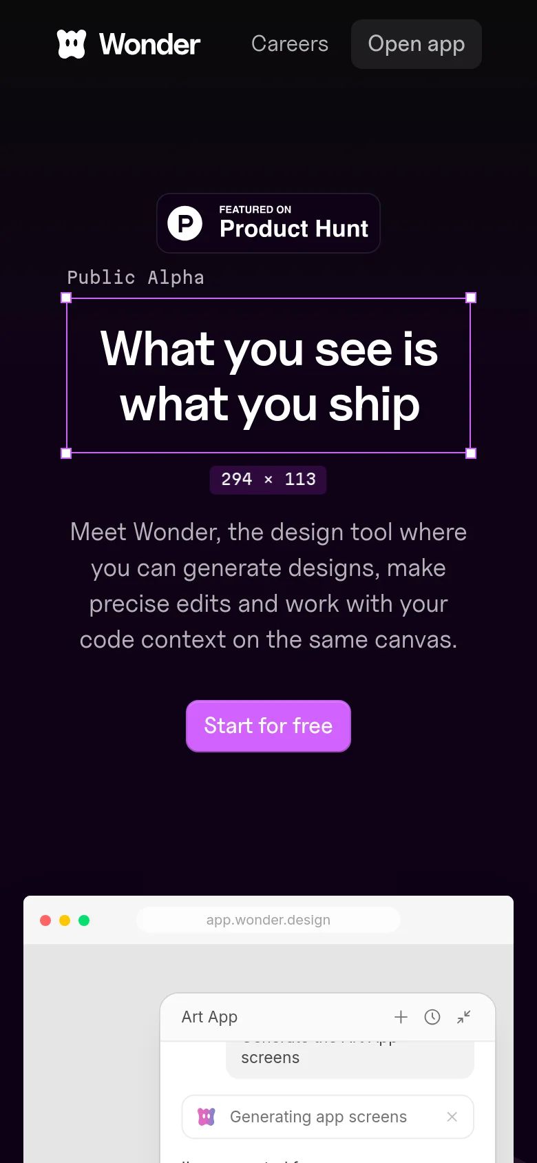 The mobile version presents a vertically stacked layout on a dark purple background. The 'Product Hunt' badge and 'Public Alpha' text appear at the top, followed by the main headline inside a white frame, the descriptive text, and a prominent pink 'Start for free' button. The navigation bar is condensed at the top with the logo and 'Open app' button.