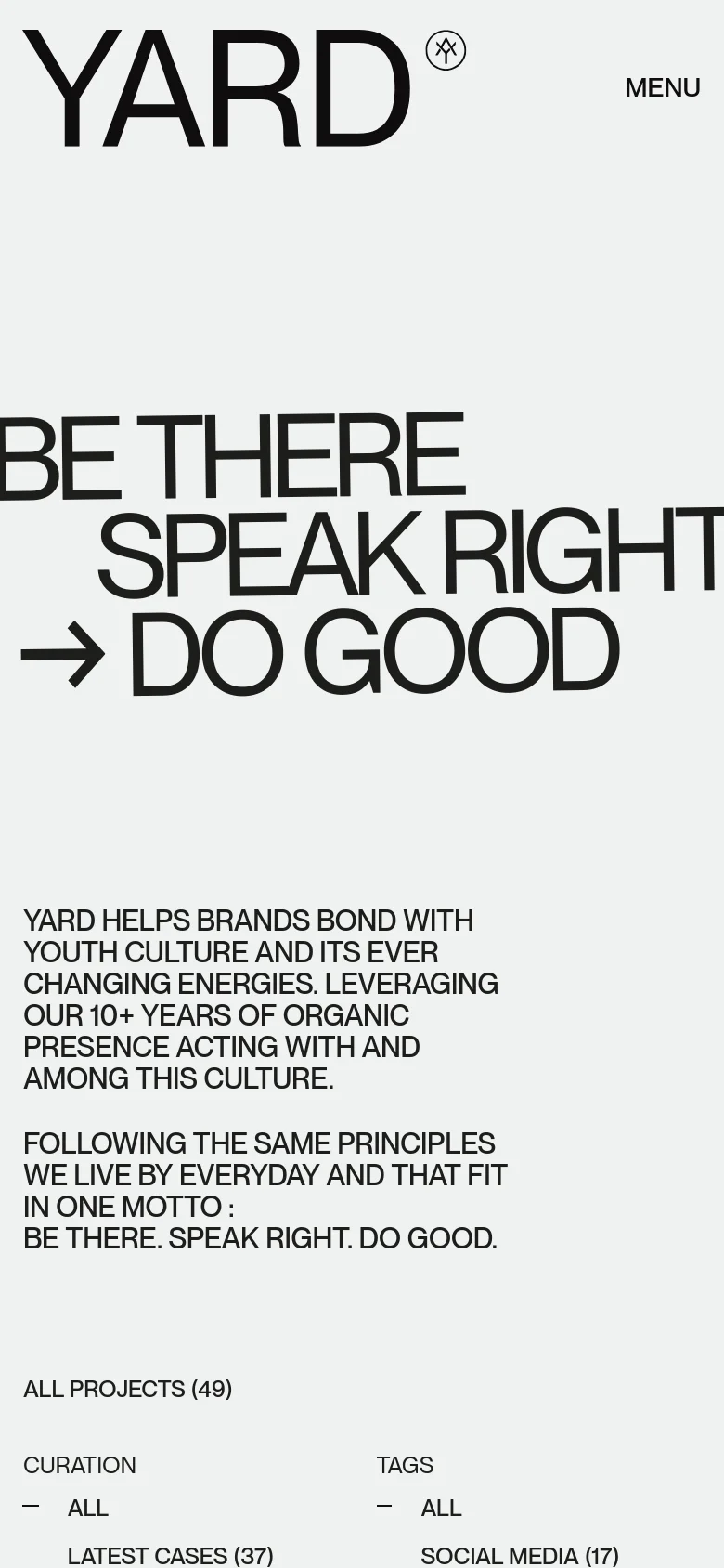 The mobile version maintains the minimalist aesthetic and large black typography but uses a single-column vertical layout. The hero text and introductory paragraph are stacked vertically, and the project filter options are condensed to fit the narrower screen width.