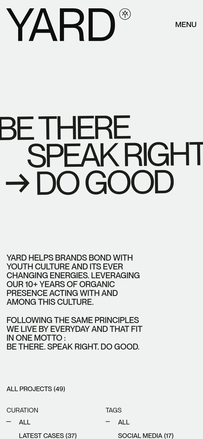 The mobile version maintains the minimalist aesthetic and large black typography but uses a single-column vertical layout. The hero text and introductory paragraph are stacked vertically, and the project filter options are condensed to fit the narrower screen width.